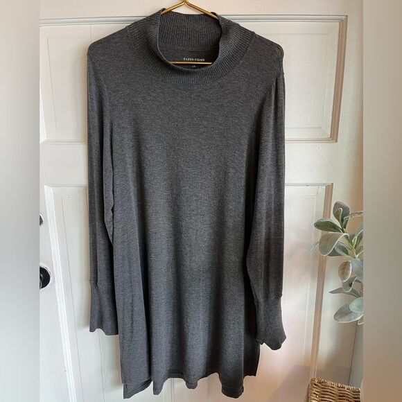 New Eileen Fisher, gray turtleneck, long sleeve oversized tunic sweater dress - Picture 1 of 5
